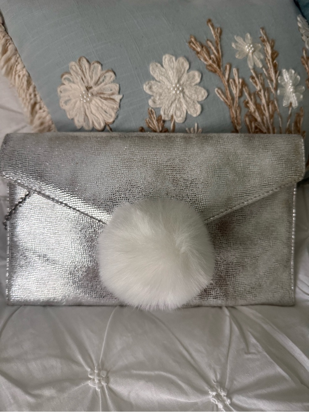 Silver Metallic Envelope Clutch with White Faux Fur Pom